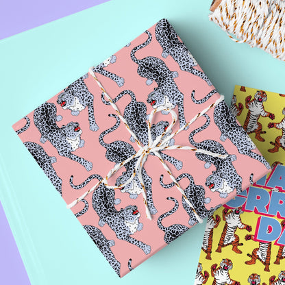 Blue leopard patterned gift wrap | Fawn & Thistle | Colourful wrapping paper
